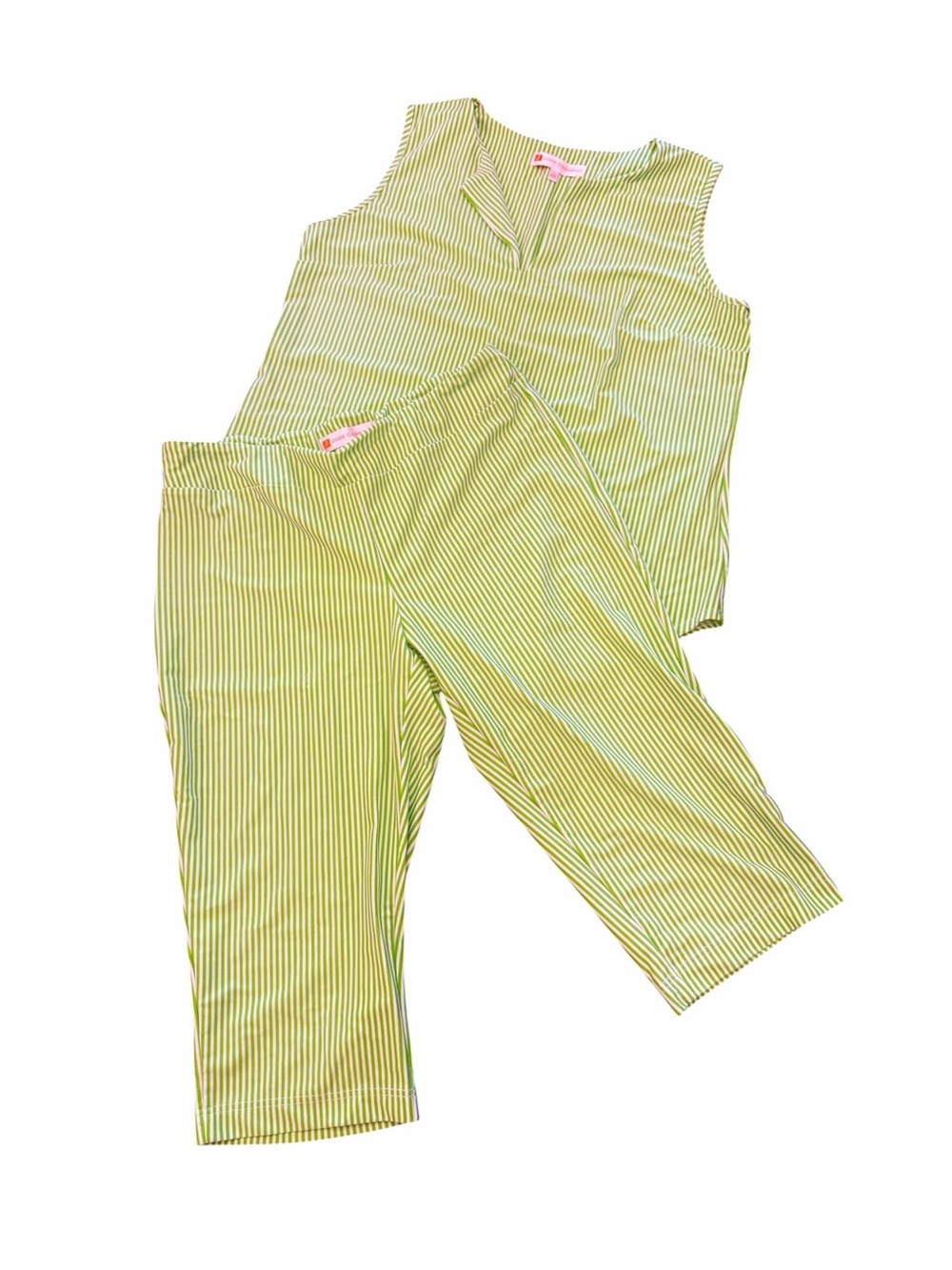 Jude Connally 2 Pc Set Sleeveless Top Cropped Pants Green White Striped Large